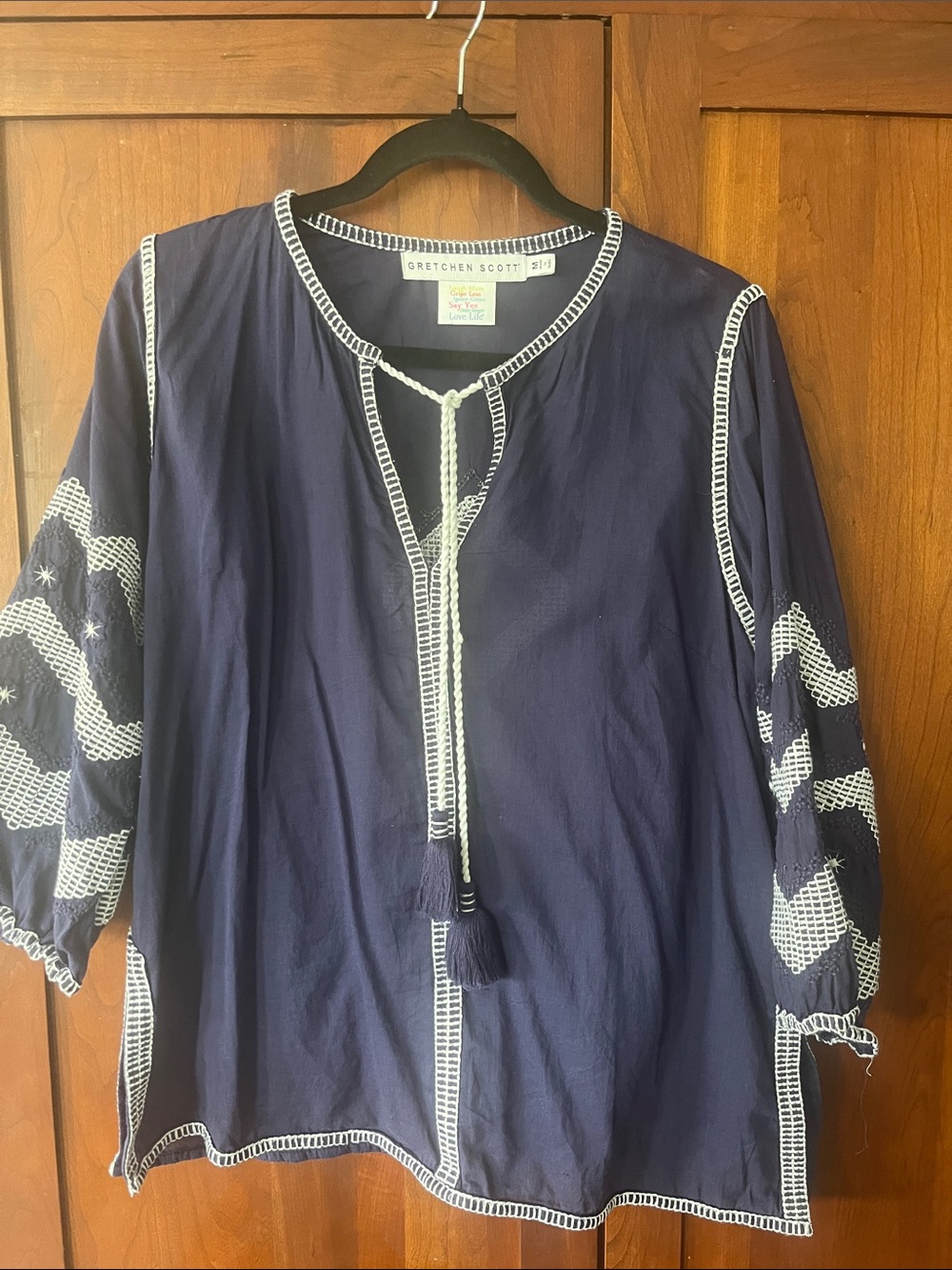 Gretchen Scott Designs Navy Embroidered Peasant Top M
